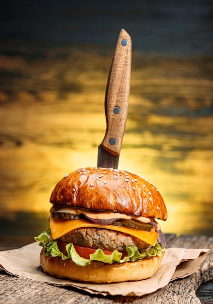 Close up tasty beef burger on a wooden table with a knife inserted into it