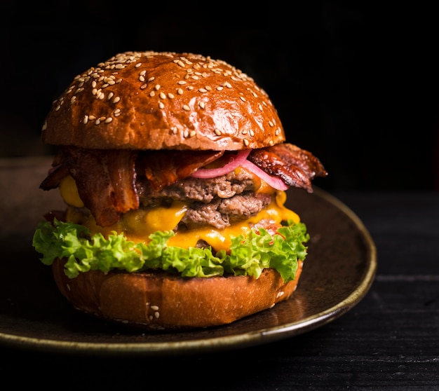 Close-up tasty double burger filled with lettuce