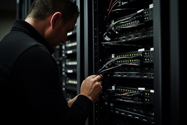 Close up of a technician inserting a blade server into a chassis