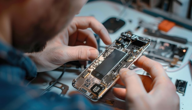 Close Up of a Technician Inspecting a Disassembled Smartphone During Repair