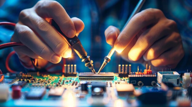 A close up of a technician soldering a circuit board with a soldering iron