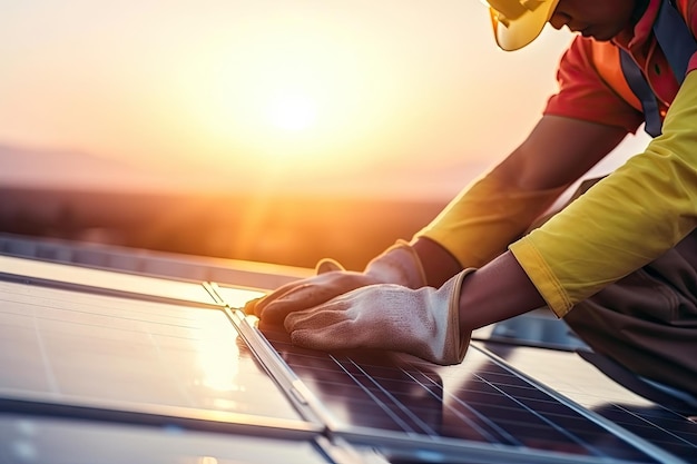 Close up of technician in work gloves installing solar panel system electricity solar