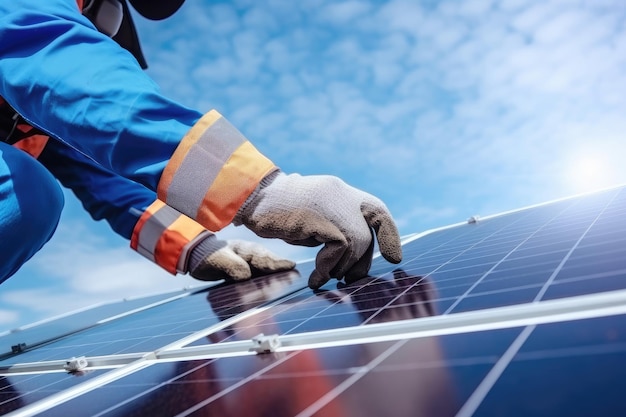 Close up of technician in work gloves installing solar panel system electricity solar