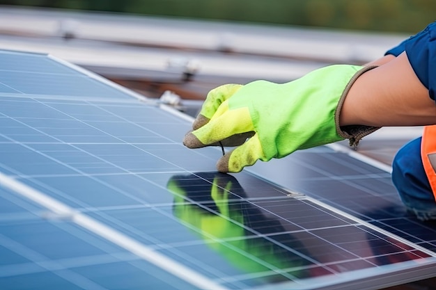 Close up of technician in work gloves installing solar panel system electricity solar