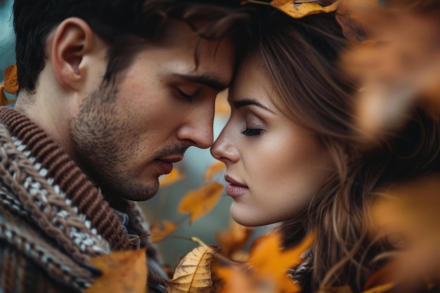 Close up of a tender couple sharing a moment surrounded by autumn leaves