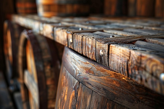 A close up of tequila being aged in a barrel with a focus on the wood texture