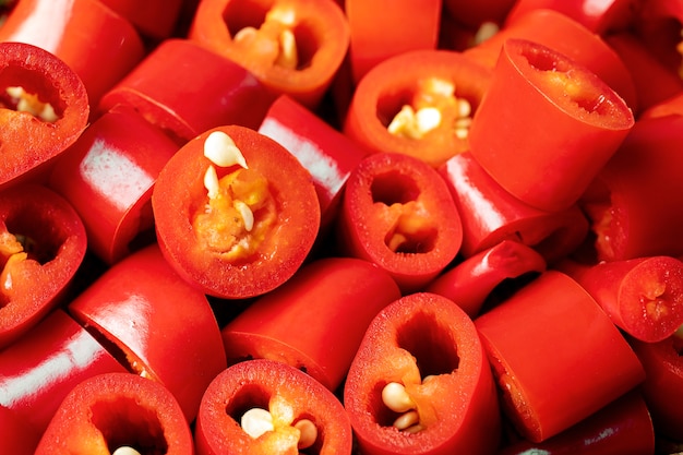 Close-up texture of chopped red chili peppers