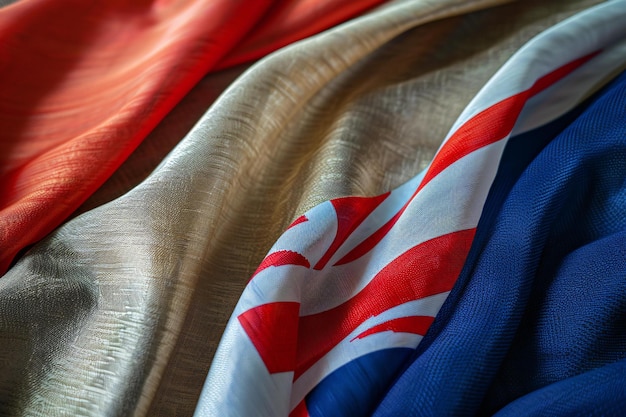 Close up of thai and english flags with fabric texture