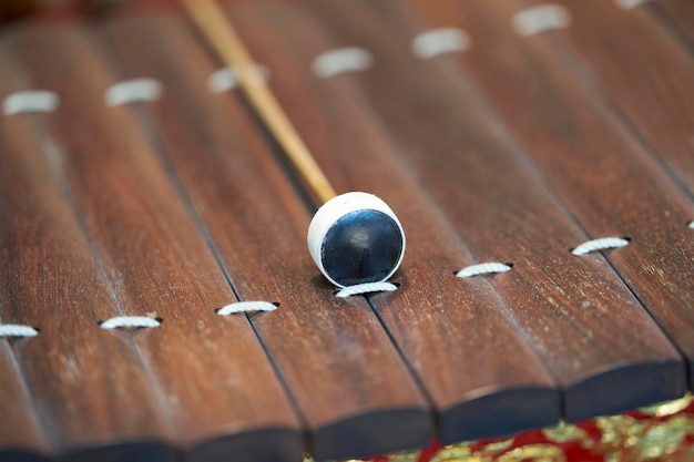 Close up of Thai old music instrument vintage classical wooden xylophone