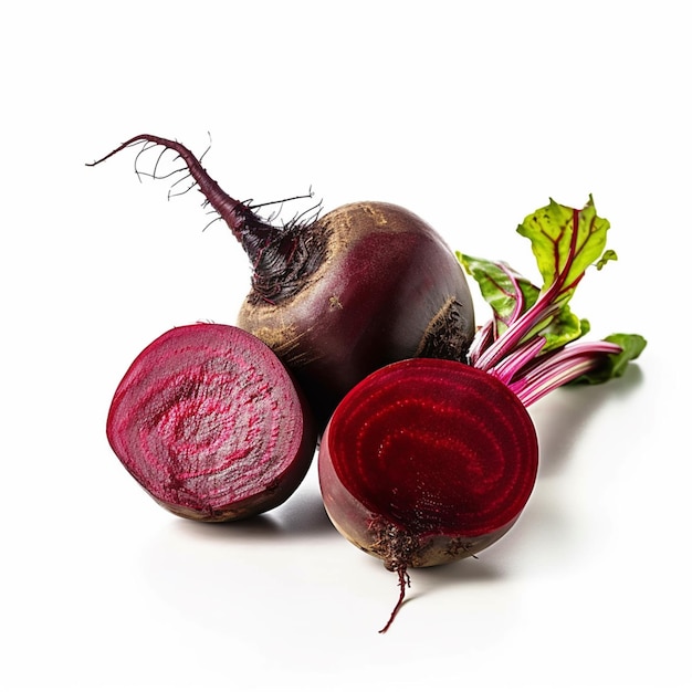 A close up of three beets with the top left corner.