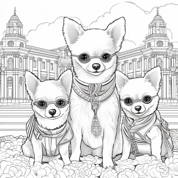 a close up of three dogs sitting on a flower bed generative ai