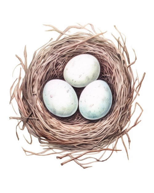 A close up of three eggs in a nest with grass generative ai