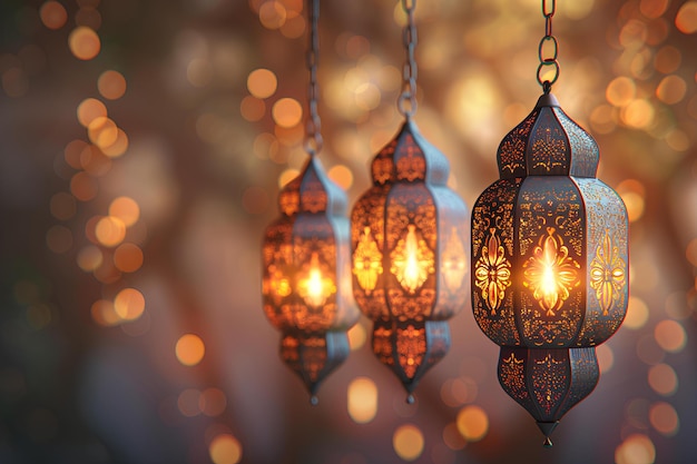 A close up of three hanging lanterns with lights in the background