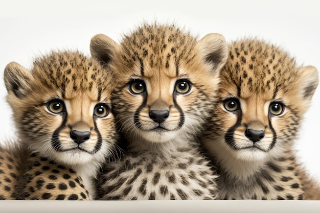 Close up of three month old cheetah cubs facing a white background