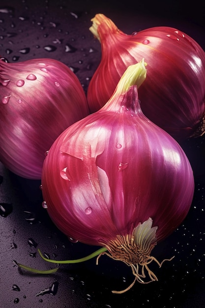 A close up of three red onions on a black background with water droplets on the top.