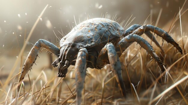 Photo a close up of a tick crawling through dry grass