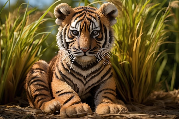 Close up of a tiger cub sitting in the grass Thailand A charming tiger cub seated on the grass displaying detailed features AI Generated