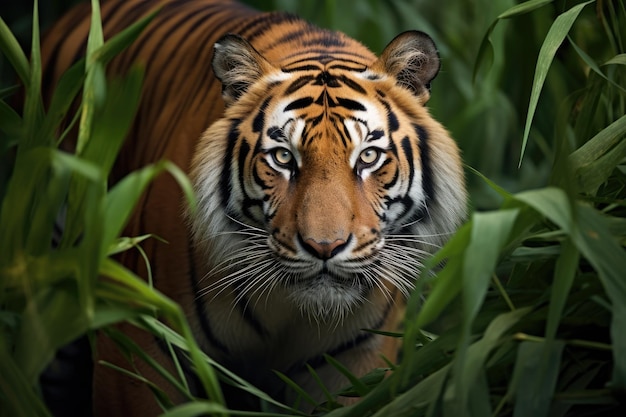 Close up of a tiger in the jungle Panthera tigris altaica A Bengal tiger stealthily stalking its prey in the dense jungle AI Generated