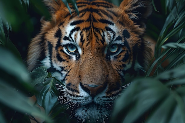 Close Up of a Tigers Face Surrounded by Leaves