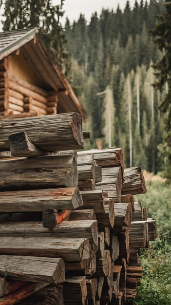 Close up of timbers with a wooden house and forest on background