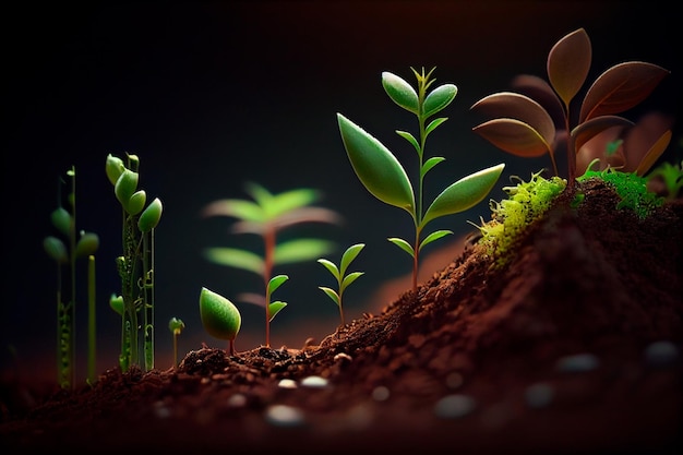 Close up of tiny green seedlings sprouting in the ground forming a graph with different stages of growth Generative AI