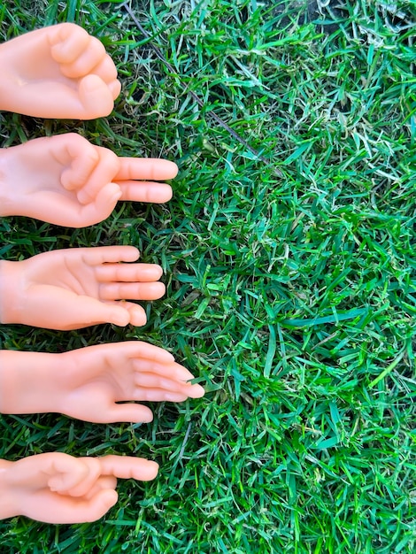 Photo close up of tiny hands finger puppets showing gestures on grass