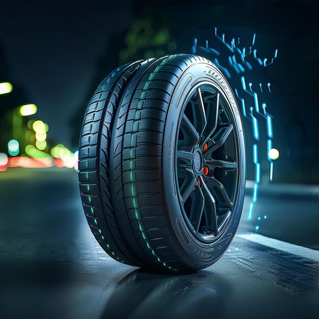 a close up of a tire on a city street at night generative ai