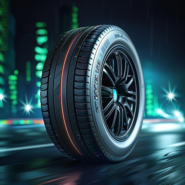 a close up of a tire on a city street at night generative ai