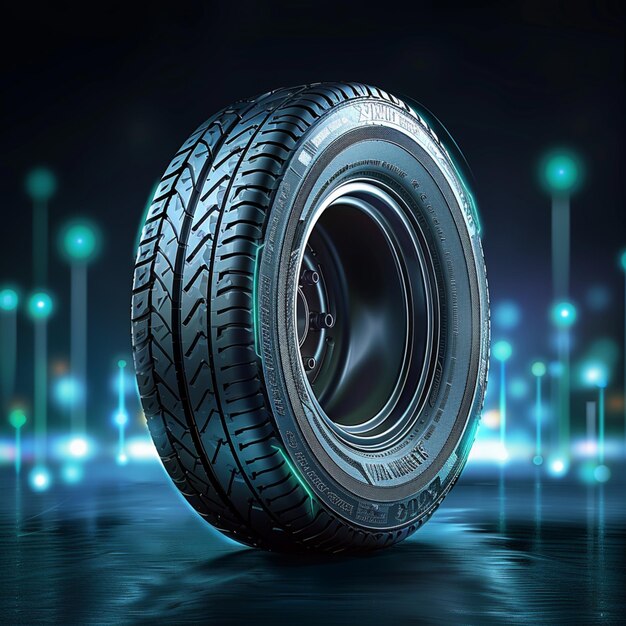 a close up of a tire on a reflective surface with lights generative ai