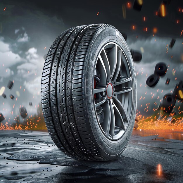 a close up of a tire on a wet surface with fire and smoke generative ai