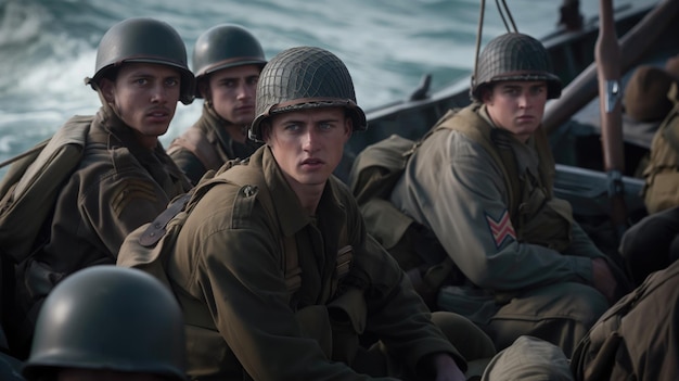 Close up tired and dirty soldiers with sad doomed look of Dday in the boat looking at camera