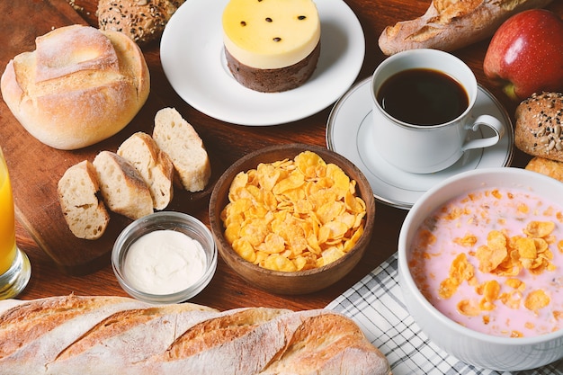 Close up of toast, coffee and cheese cream