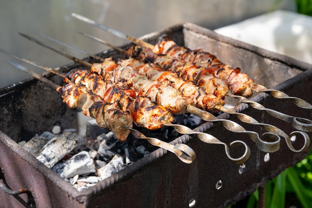 Close up of toasted shashlik on skewers Succulent barbecue roasting on chargrill Concept of picnic outdoor