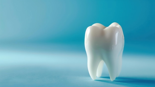 Close up of tooth model on blue background with copy space