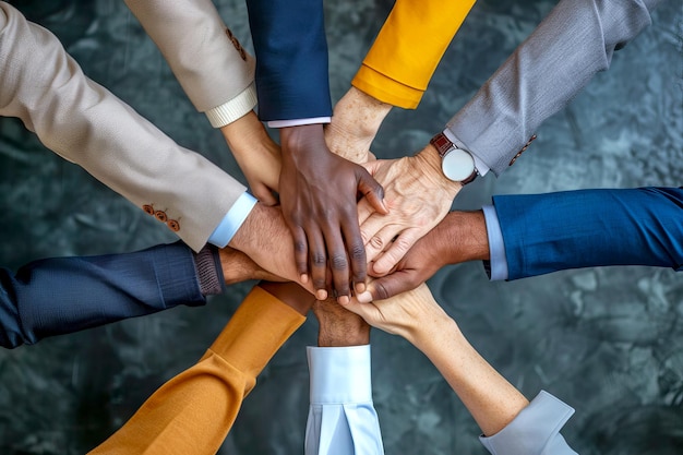 Close up top view of business people putting their hands together Stack of hands Unity