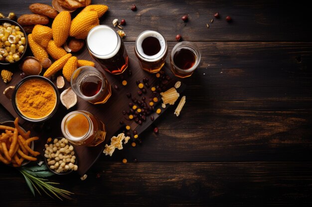 Close up top view of unfiltered dark and light beer in glasses with snacks on a brown wooden table o