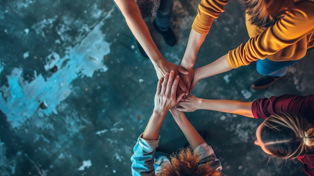 Close up top view of young business people putting their hands together Stack of hands Unity and teamwork concept Ai generated