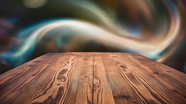 Photo close up top of wooden table on blurred and bokeh background