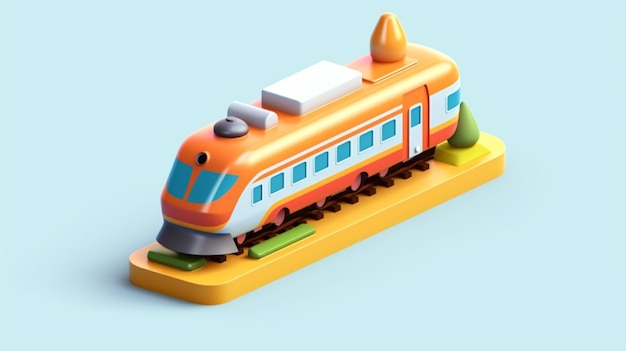 A close up of a toy train on a track with a blue background generative ai