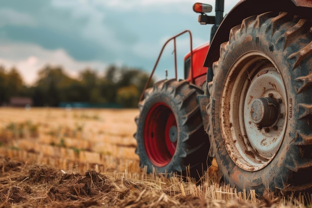 Photo close up tractor on field farm and agriculture