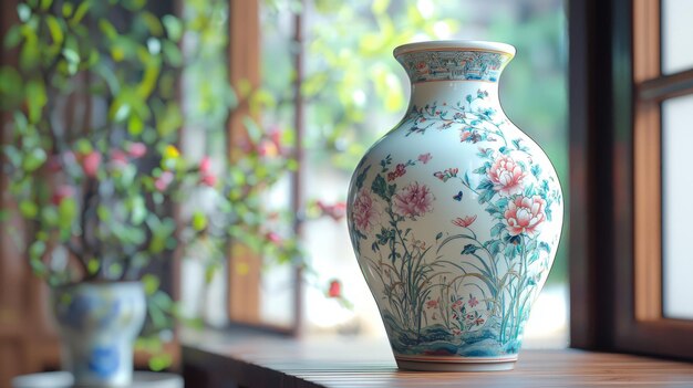 Photo close up of a traditional chinese porcelain vase with floral designs