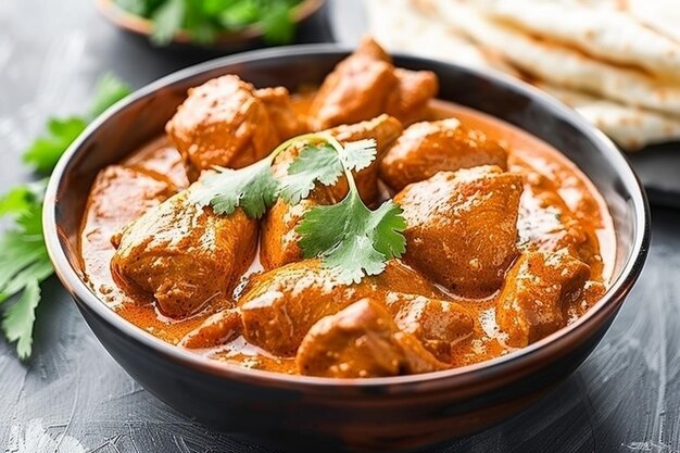 Photo close up traditional indian butter chicken curry and lemon served with chapati bread in iron