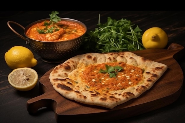 Close up traditional indian butter chicken curry and lemon served with chapati bread