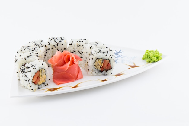 Close-up of traditional Japanese sushi on a white background 