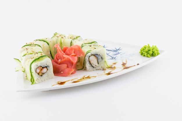 Close-up of traditional Japanese sushi on a white background 