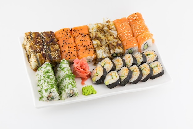 Close-up of traditional Japanese sushi on a white background 