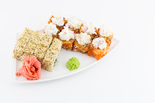 Close-up of traditional Japanese sushi on a white background 