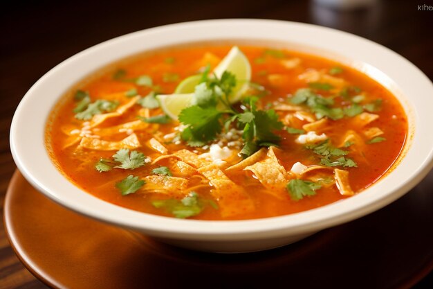 A close up of a traditional Mexican sopa de lima soup