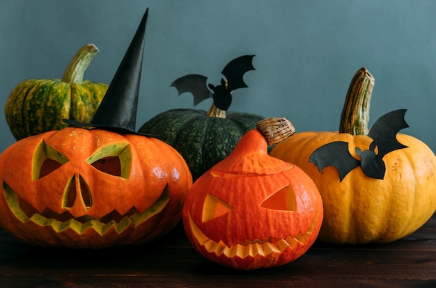 Close-up traditional pumpkin-made lantern decorations for Halloween celebration