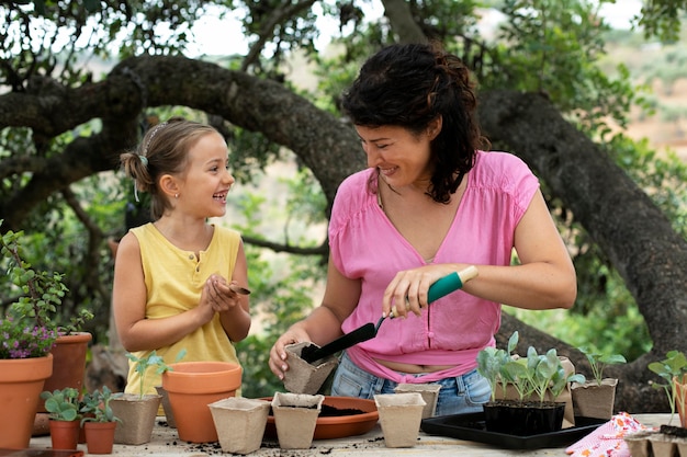 Close up on transplanting process of plants